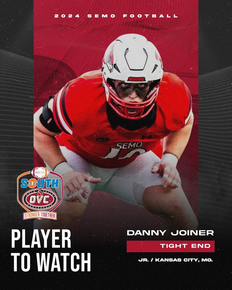 🚨 BIG SOUTH-OVC PLAYER TO WATCH 🚨
Southeast Missouri tight end Danny Joiner started 10 games last season. Joiner caught seven passes for 90 yards and averaged 12.9 yards per reception.