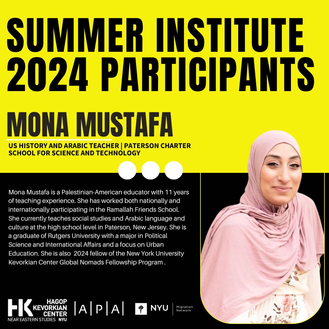 nyukevo's tweet photo. @BiblioTechCare @StJohnsPrepNY @ForsanAmerican @EMNRSchoolNYC @bcchsnyc @PS398Q @BHSEC @nyuniversity @LManchery @nyusteinhardt @NYCSchools Meet Mona Mustafa (@mmustafa1072) from Paterson Charter School for Science and Technology —one of our stellar participants for the 2024 Summer Institute! We’re thrilled to host, learn, and think with you. https://t.co/kCM5z5isJV