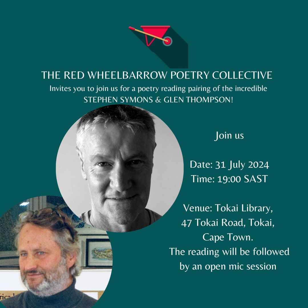 Glen Thompson (@glent_za) on Twitter photo Iāll be joining <a href="/defendtherealm/">Stephen Symons</a> at The Red Wheelbarrow Poetry Collective to read some of my ocean-minded and other poems at the end of July in Cape Town. Invite details š Iāll be joining <a href="/defendtherealm/">Stephen Symons</a> at The Red Wheelbarrow Poetry Collective to read some of my ocean-minded and other poems at the end of July in Cape Town. Invite details š