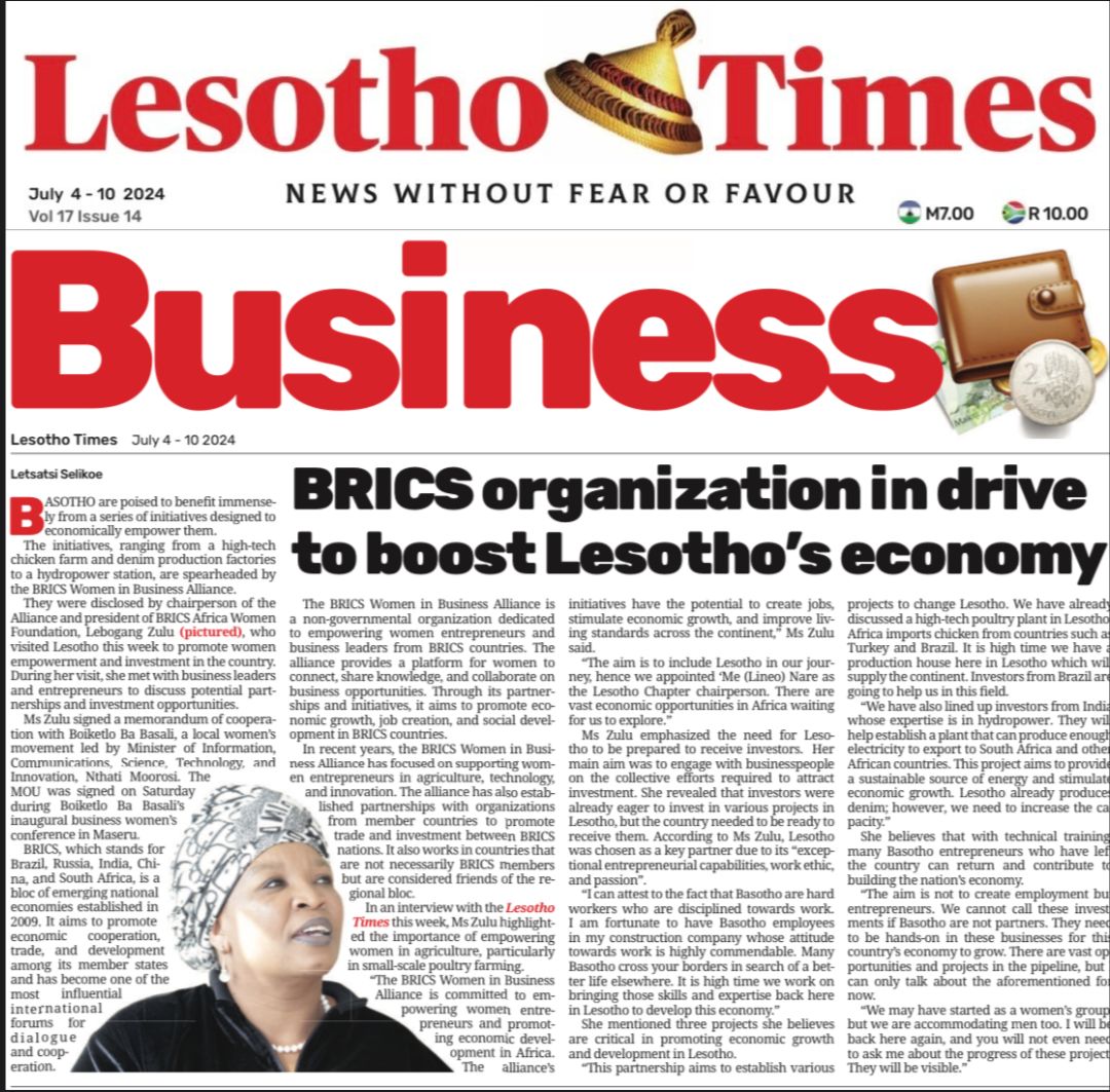 BRICSWBA_SA's tweet photo. [READ] National Chairperson of BRICS Women's Business Alliance, Ms Lebogang Zulu engaged Lesotho Times newspaper on the successful Boiketlo Ba Basadi Women Conference and the agreements signed between themselves and WBA SA

@Lestimes @BRICSza https://t.co/W7f6C0SEXW