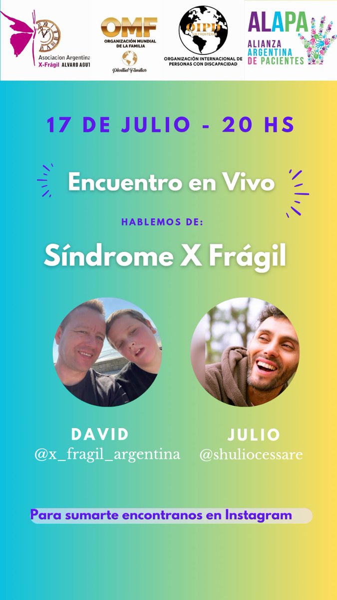 AlapaArgentina's tweet photo. ✅ X Frágil Argentina invita al encuentro que harán mañana a las 20.00 hs por Instagram para informar sobre el Síndrome de X Frágil.
📲 La cuenta de Instagram es @x_fragil_argentina
🔗 Más info en https://t.co/gTMJUN1tfZ
#SomosALAPA #Pacientes #EPOF #XFragil https://t.co/KAtPvyPAPQ