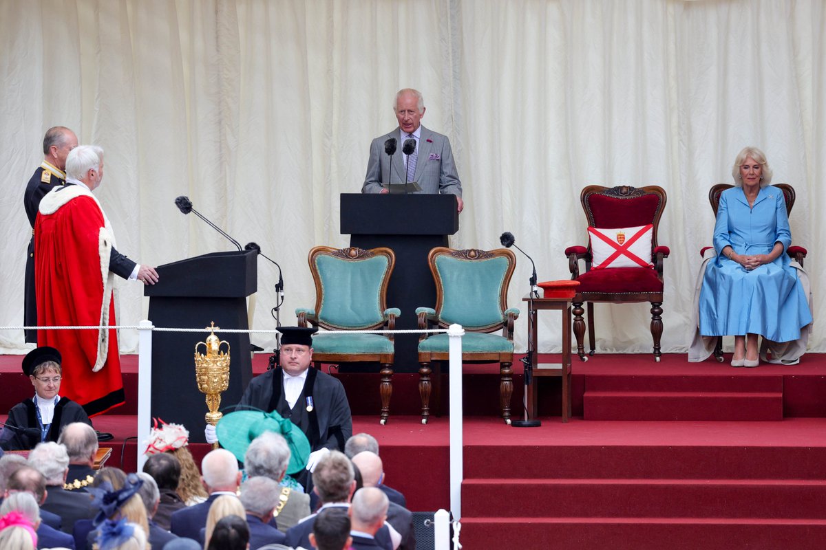 RoyalFamily's tweet photo. At Royal Square, Their Majesties joined a special sitting of the States Assembly, the island’s parliament comprising 49 elected members.

Addressing the Assembly, The King said: 

"Jersey has one of the oldest connections to the Crown and we are delighted to be here once again to celebrate the special and close relationship which binds us together."

Charles R