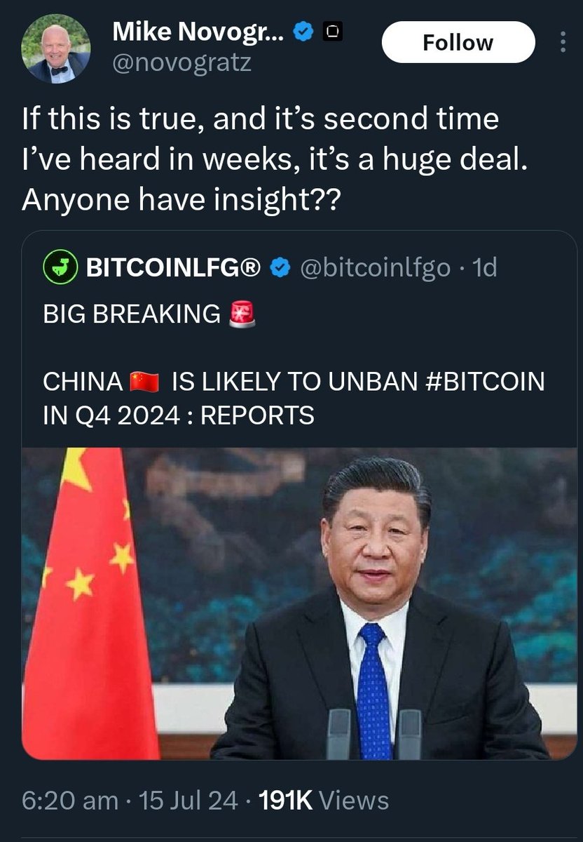 CHINA 🇨🇳 IS LIKELY TO UNBAN #BITCOIN IN Q4 2024 : REPORTS