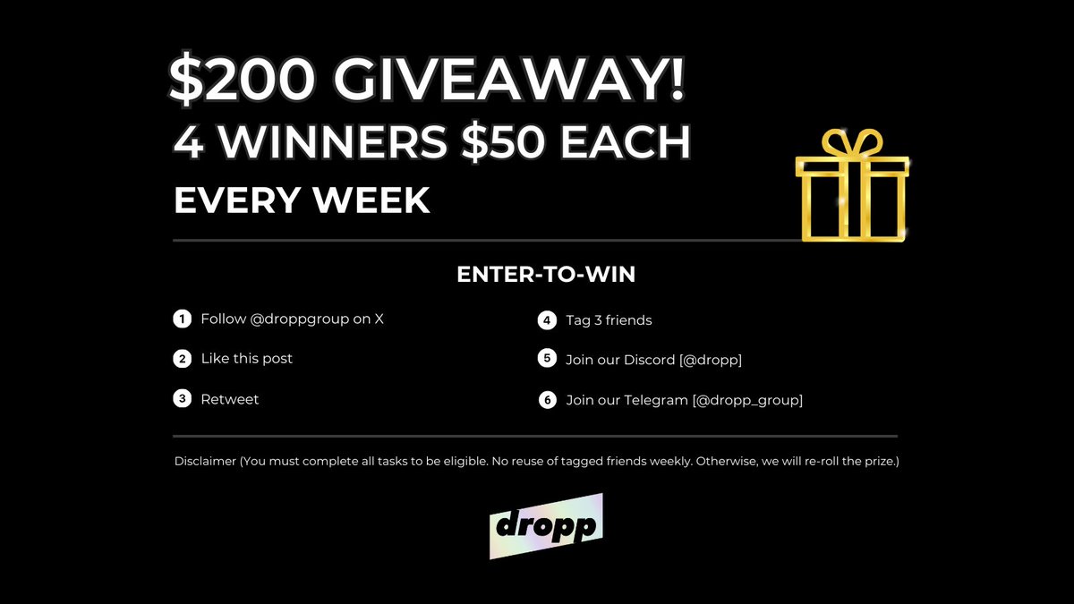 droppgroup's tweet photo. Week 2 begins now! 🚀

Remember, we have a $200 giveaway every week with 4 winners receiving $50 each.
​
To participate:
1. Follow @droppgroup 
2. Like this post
3. Retweet
4. Tag 3 friends
5. Join our [Discord](https://t.co/64Y1pSWmjq)
6. Join our [Telegram](https://t.co/4h5qxDwtq0)
​
You must complete all tasks to be eligible. 
No reuse of tagged friends weekly. 

There are more exclusive giveaways on our Discord and Questing platform. 
Be sure to check them out!