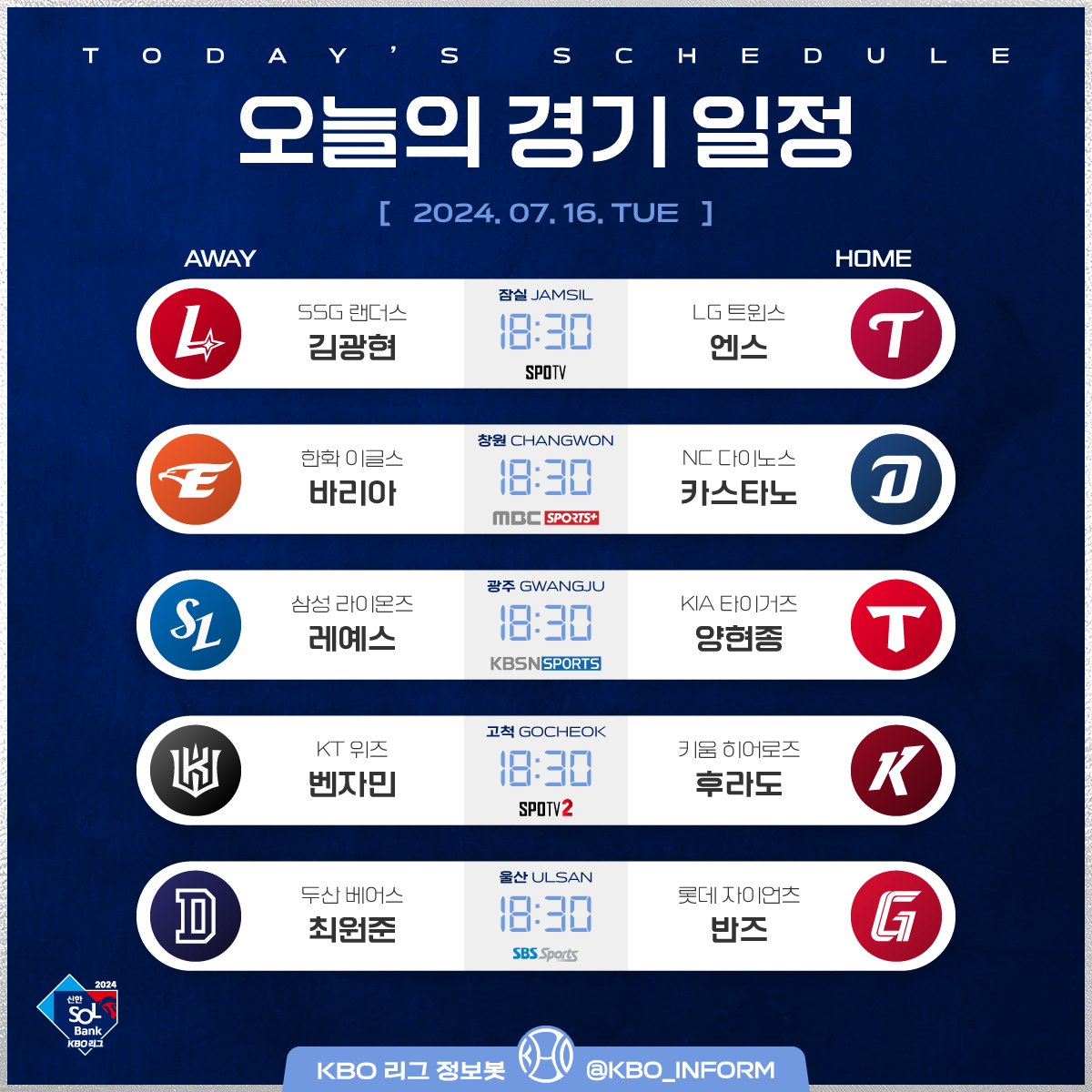 KBO_INFORM's tweet photo. ⚾2024년 7월 16일 화요일⚾

오늘의 경기 일정입니다. https://t.co/gBOClxBeUQ