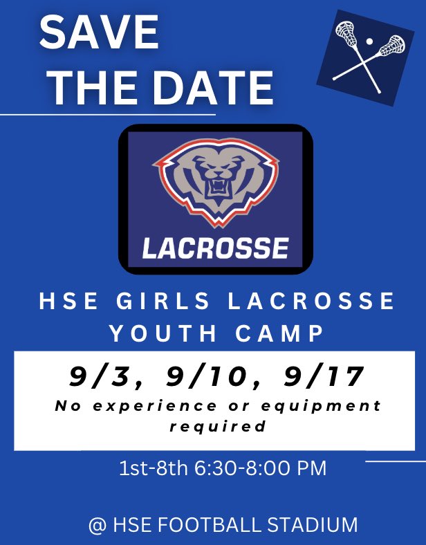 HSE Girls Lacrosse annual youth camp will be Sept. 3, 10, and 17 for grades 1-8.  All levels of experience welcome!  Click on the link below to register:

Girls Lacrosse Youth Camp: 9/3,9/10,9/17, 6:30pm-8:00pm - Camps - Sep 3, 2024 (gofan.co)
