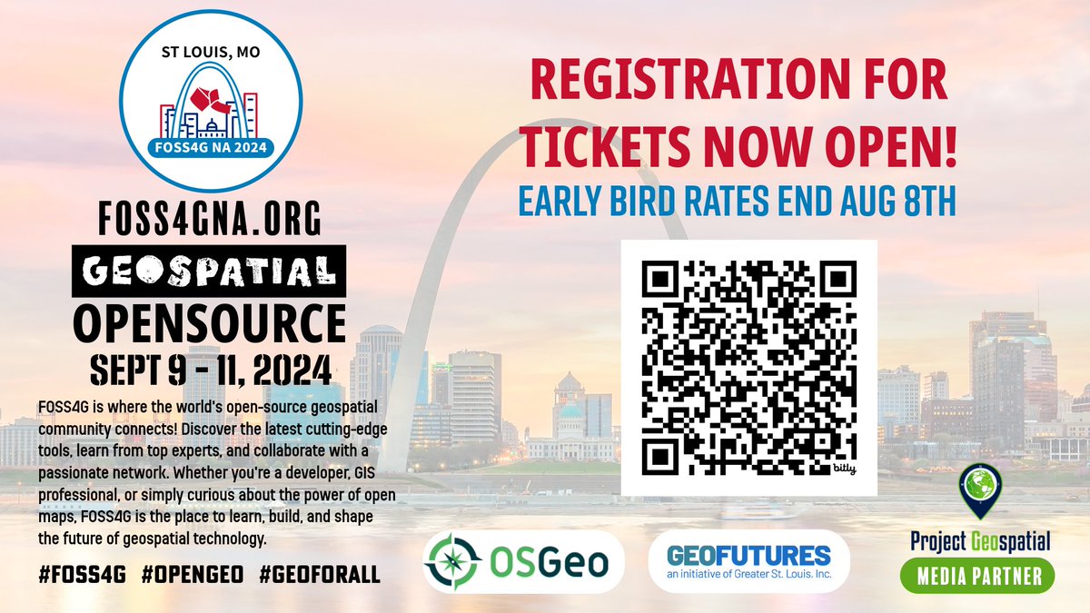 Project Geospatial (@projectgeomedia) on Twitter photo Hey everyone! Registration is open for <a href="/foss4gna/">FOSS4G North America</a>. It's the big annual "Free and Open Source Software For Geospatial" event. You can go to foss4gna.org directly to register.
Event Details: September 9-11, 2024
Location: St Louis, MO
FOSS4G NA is the premier Hey everyone! Registration is open for <a href="/foss4gna/">FOSS4G North America</a>. It's the big annual "Free and Open Source Software For Geospatial" event. You can go to foss4gna.org directly to register.
Event Details: September 9-11, 2024
Location: St Louis, MO
FOSS4G NA is the premier