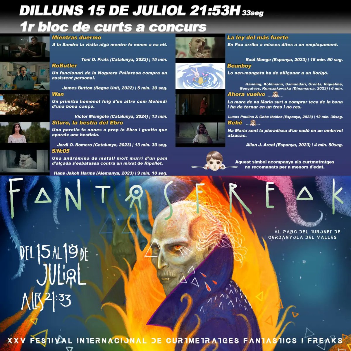 Fantosfreak's tweet photo. El XXV Fantosfreak ja és aquí! 🩸☠
Volem que corri la sang i que ens acompanyeu en aquests 5 dies increíbles. Avui tindrem:
🔸 21h: Concert de The Cools
🔸 22h: 1r bloc de curts a competició
Ens veiem aquest nit al Parc del Turonet!🔥 https://t.co/ZentY8d8X7