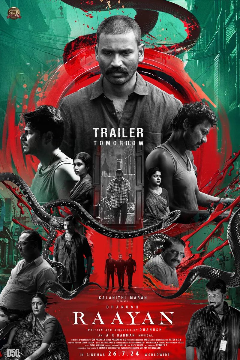 kollywoodbytes's tweet photo. Trailer of #Dhanush's 50th movie #Raayan will be out tomorrow.

Raayan is set to hit screens on July 26. 

#SunPictures #D50 #DusharaVijayan #Varalaxmi https://t.co/1PrNiPdD7w