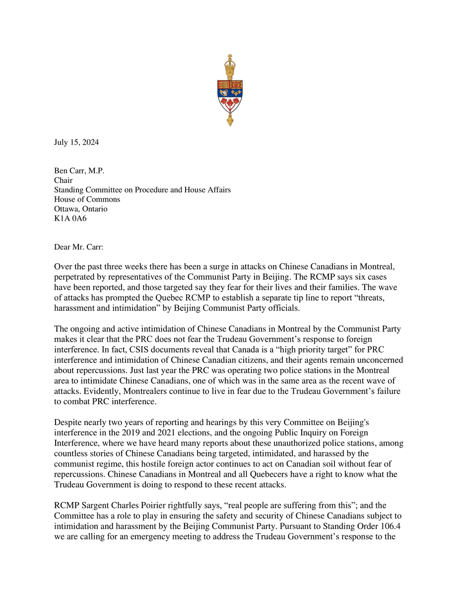MichaelCooperMP's tweet image. BREAKING NEWS

Conservatives are calling for an emergency investigation into Beijing actors harassing, threatening &amp;amp; intimidating Chinese Canadians in Montreal.

Victims say they fear for their lives &amp;amp; their families.

PMJT's weak response to foreign interference is failing.