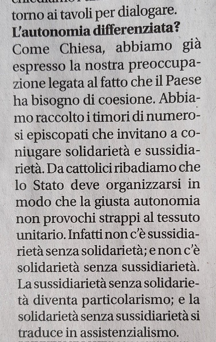 Si moltiplicano le critiche dei vescovi alla #autonomiadifferenziata 
Qui la posizione dell'arcivescovo di Cagliari Giuseppe Baturi, segretario generale della CEI (da Avvenire di ieri)