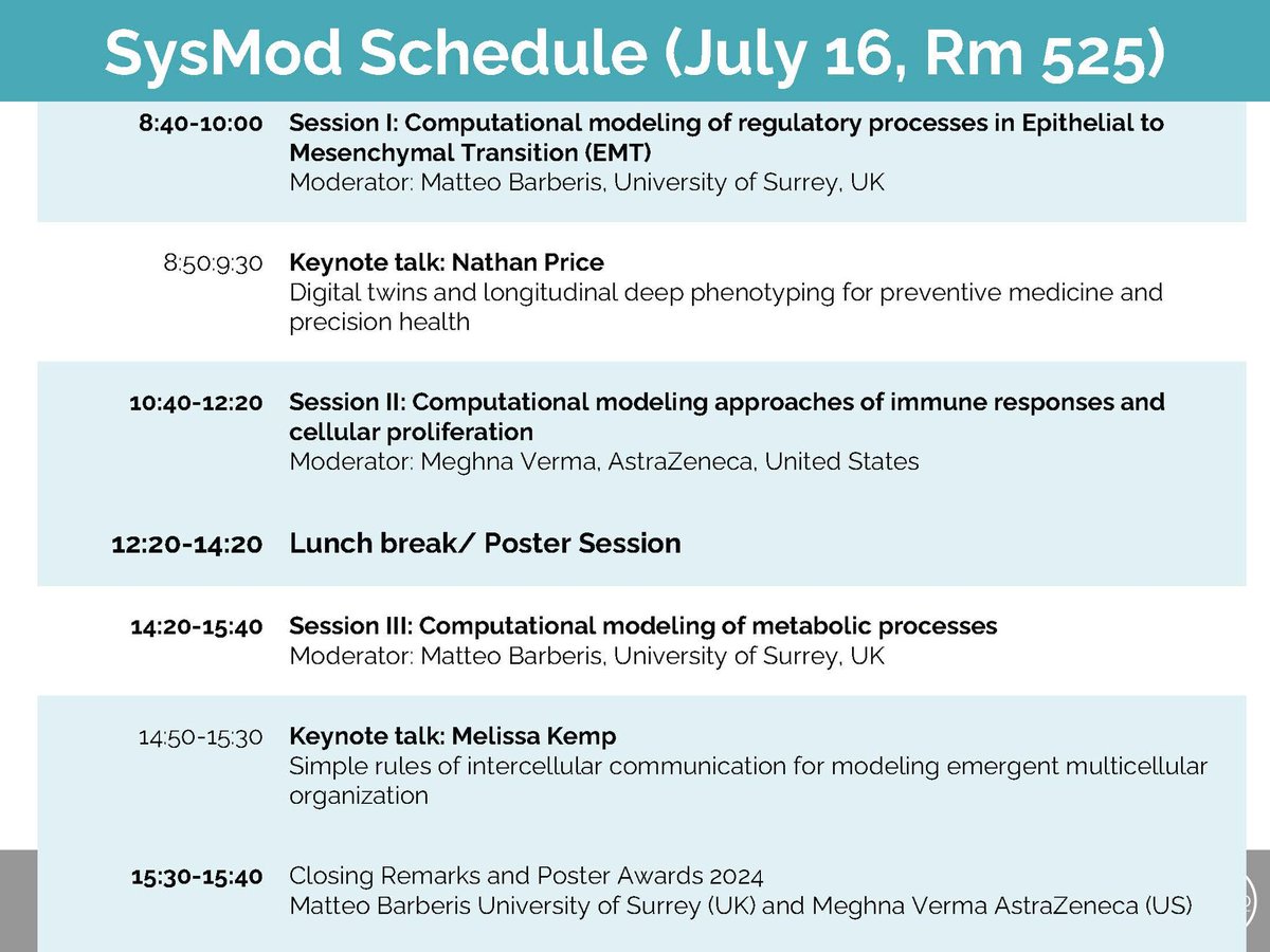 <a href="/cosi_sysmod/">SysMod</a> 9th annual meeting is only a day away! 
Join us in Rm 525, Montreal Convention Ctr/virtually <a href="/iscb/">ISCB News</a> #ISMB2024.
Keynotes by: @ISBNathanPrice @mkemp_lab! 
Sessions themes: modeling of epithelial to mesenchymal transition (EMT), immune responses, &amp; metabolic processes!