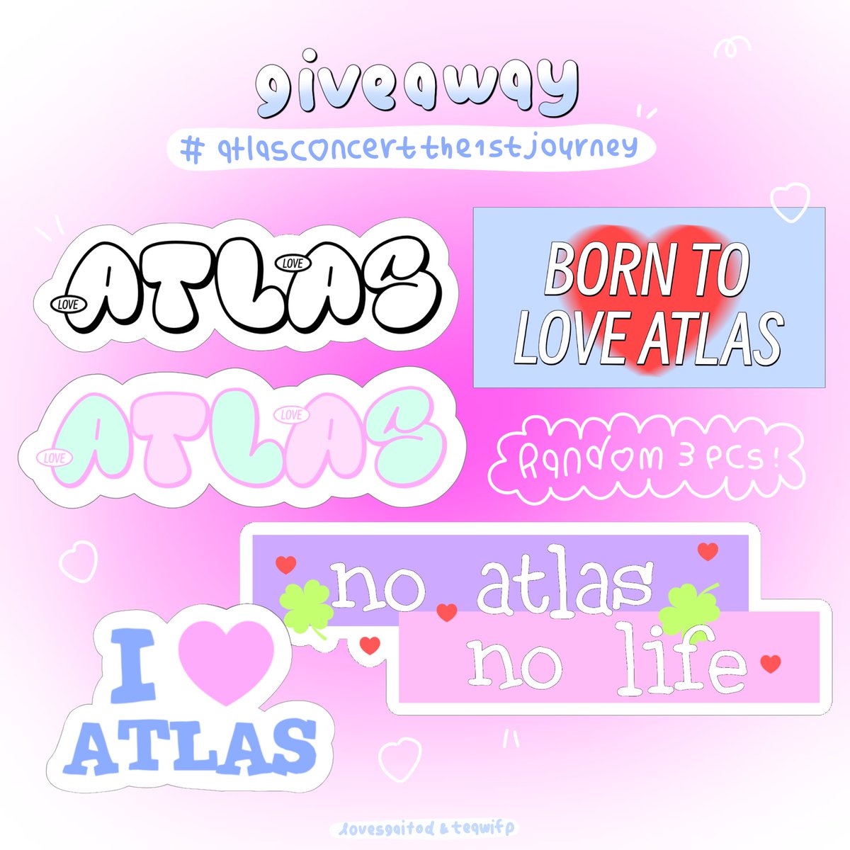 pls kindly rt ˚✿

꒰ giveaway for #ATLASconcertThe1stJourney ꒱ 

♥️ die-cut sticker - random 3 pcs/ 1 per

date - 3 aug 2024
thunder dome
pls rt and show this post

by <a href="/lovesgaitod/">, yh bubu</a> &amp; <a href="/teawifp/">teawifp</a>  

#ATLASth 
#GiveawayALIS