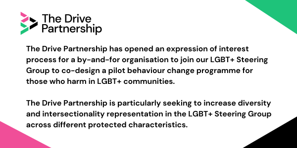 Drive_Partners's tweet photo. The Drive Partnership has opened an expression of interest process for a by-and-for organisation to join our #LGBT+ Steering Group to co-design a pilot behaviour change programme for those who harm in LGBT+ communities. 

Find out more here: https://t.co/cRS2UfRBHJ https://t.co/oLqZroI8XE