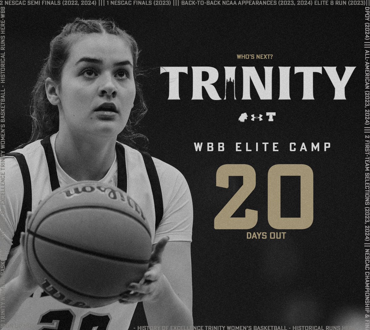We are 20 days away from our elite camp!! We would love to see you here. Come meet our team, staff and see our amazing campus 🤩

Register here: trinitywomensbasketball.totalcamps.com/About%20Us

📸: @Drip_digitals