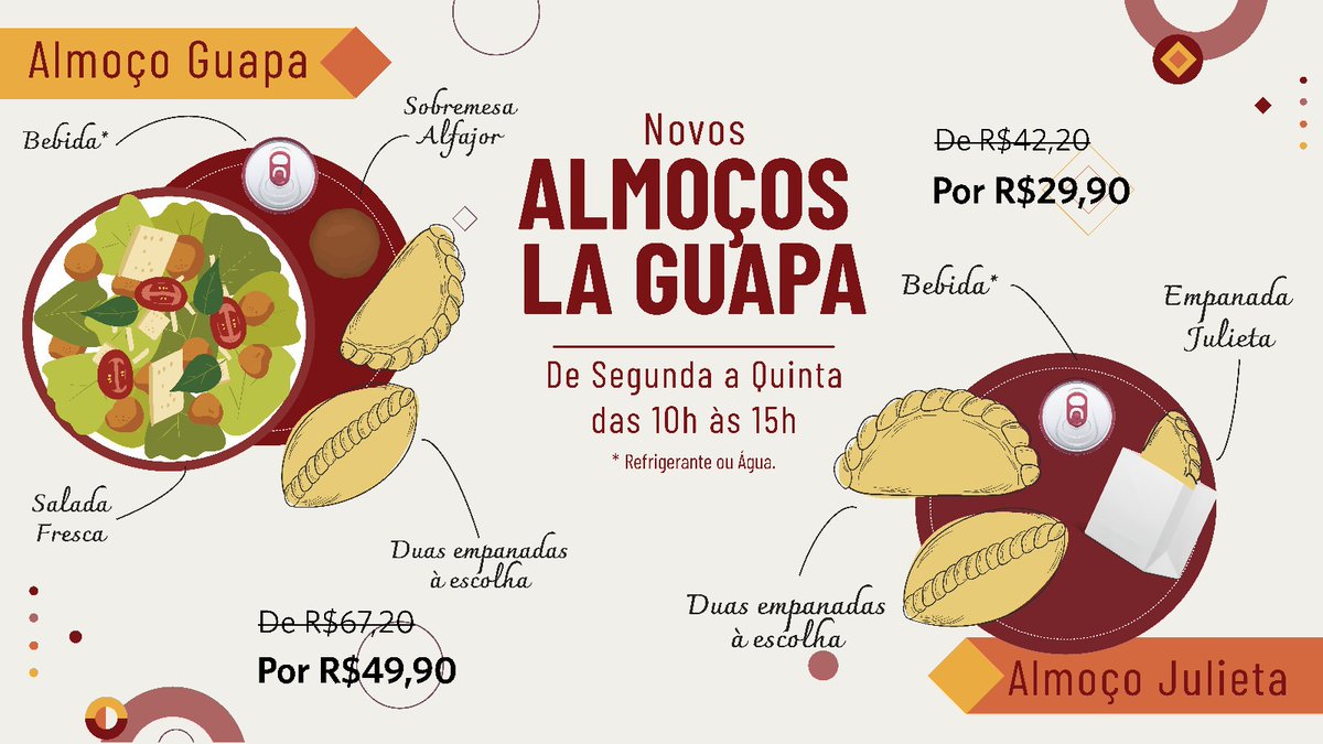 De segunda a quinta você pode aproveitar os Almoços La Guapa! São duas opções com preços especiais🤩🥟

Escolha sua opção favorita e visite a loja mais próxima ou peça pelo app La Guapa e retire sem pegar fila: laguapa.page.link/laguapa6