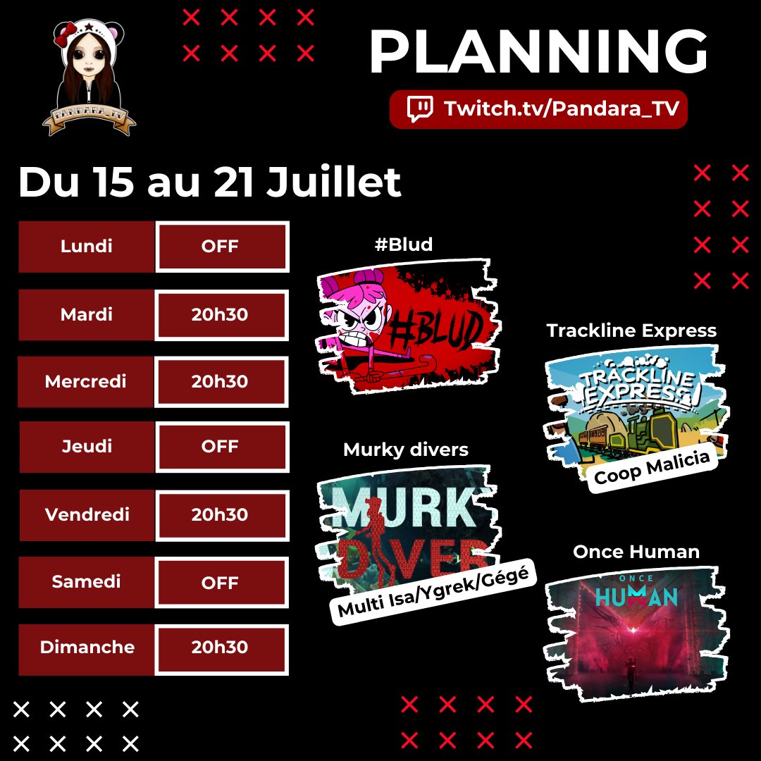 Pandara_Dark's tweet photo. 🗓️C'est l'heure du planning:
🧛♀️Mardi: Suite de #BLUD
🚂Mercredi: #TracklineExpress coop @MaliciaRoseNoir
🤿Vendredi: #MurkyDivers Multi @desisa02 @street_eat et @GRoughknight
💜Dimanche: #OnceHuman
#TwitchStreamers #twitchfr https://t.co/yTlA6DNf37