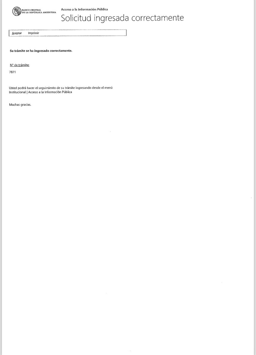 Ante versiones circulantes relativas a la salida de oro de las reservas del BCRA con destino al exterior, acompaño el pedido de información pública, clara, precisa, completa y detallada, efectuada al presidente del BCRA de acuerdo al derecho que me confiere la Ley de Acceso a la