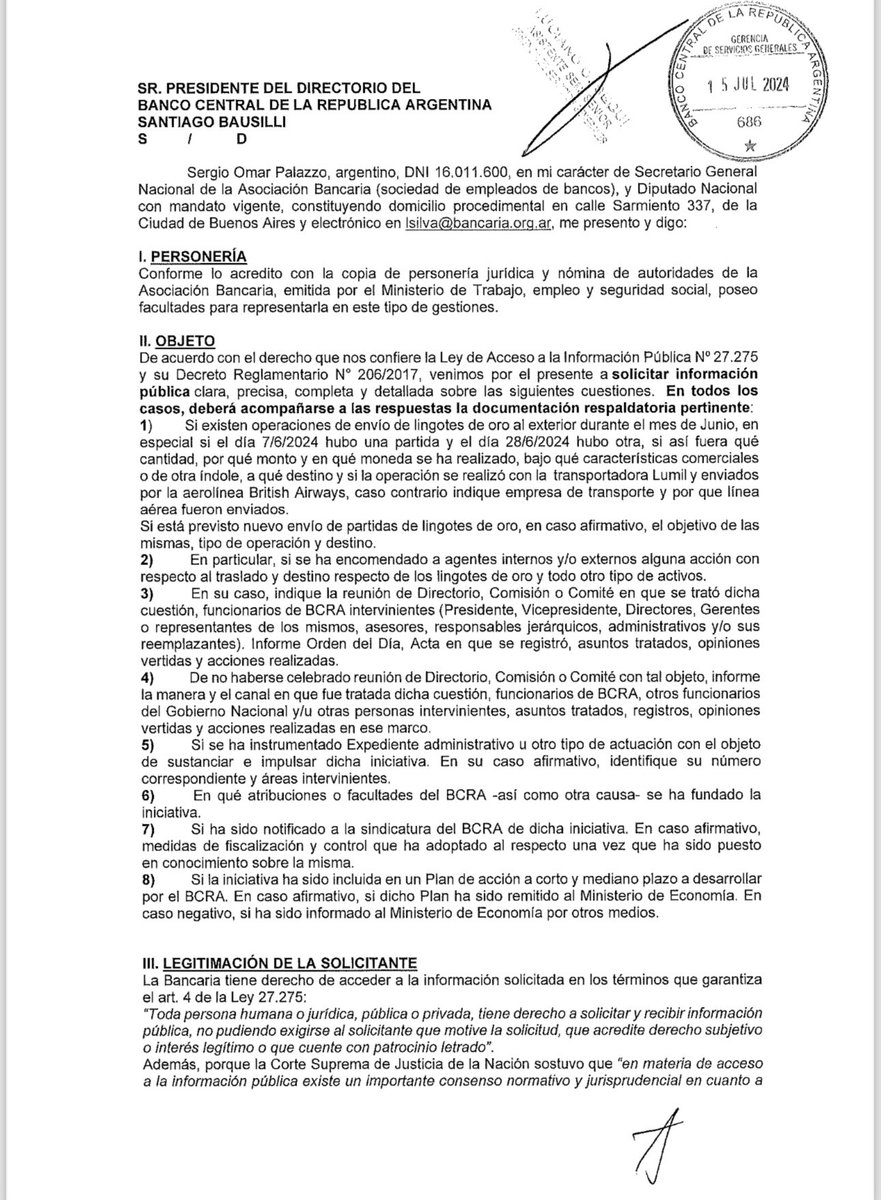 SergioOPalazzo's tweet photo. Ante versiones circulantes relativas a la salida de oro de las reservas del BCRA con destino al exterior, acompaño el pedido de información pública, clara, precisa, completa y detallada, efectuada al presidente del BCRA de acuerdo al derecho que me confiere la Ley de Acceso a la Información Pública 27.275 y su decreto reglamentario N° 206/2017.