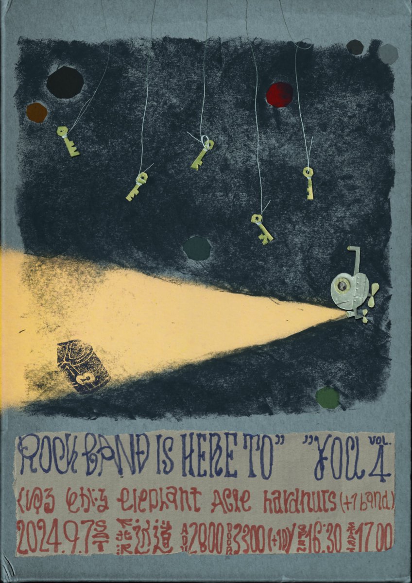 ✉︎

9/7に開催される　じん<a href="/asita_no_gohan/">じん</a> pre.

『Rock Band is Here to "　　" You Vol.4』
フライヤーデザインを担当しています。

じん君とモチーフを相談しながら子供みたいな気持ちで工作しました。よい一日になりますように。