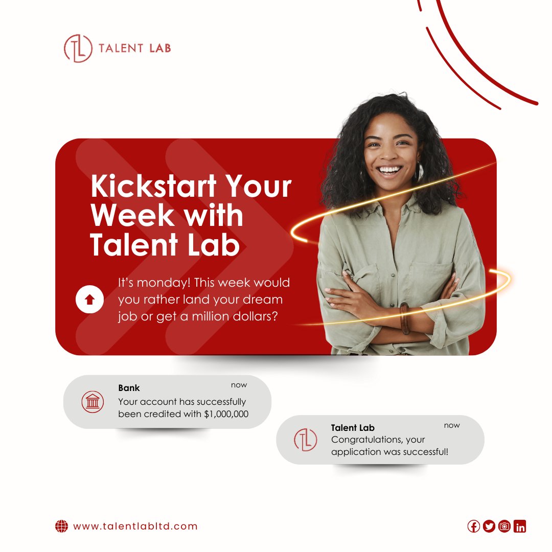 TalentLab_ng's tweet photo. New week, New goals! Kickstart your week with a fun poll.
Would You Rather: Have a Million Dollars 💵 or Land Your Dream Job 🏆?
Vote now and tell us why!
#TalentLab #MondayMotivation #CareerGoals #DreamJob #MillionDollars #Poll https://t.co/yVVB2KAwTk