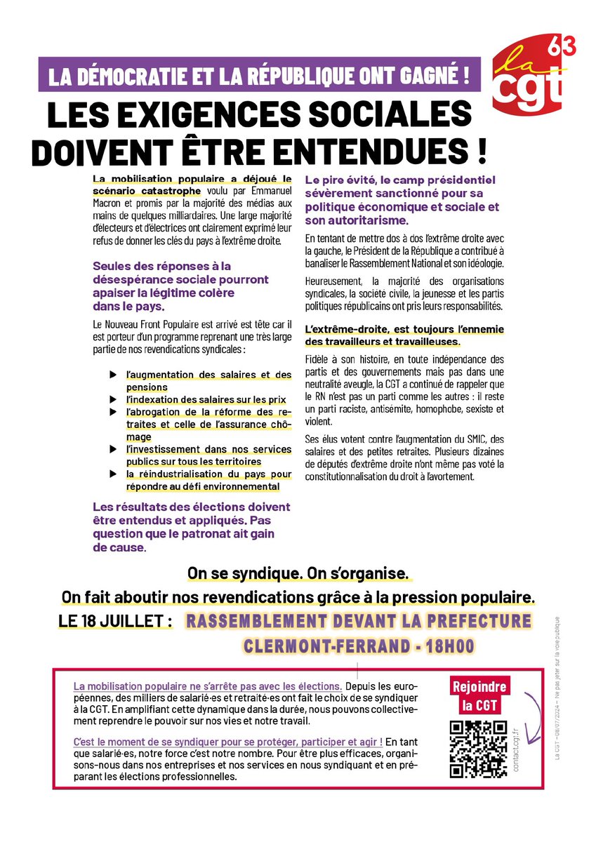 udcgt63's tweet photo. Ensemble nous sommes l’intelligence collective et nous sommes une force ! Jeudi 18 juillet, à 18h00 devant le Préfecture de @ClermontFd , les exigences sociales doivent être entendues !
@udcgt63 @lacgtcommunique @solidaires63 @cgtcheminots63 #dissolutionassemblee https://t.co/jj1DRgEbU6