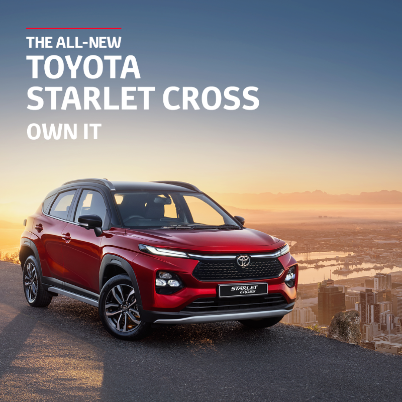 ToyotaSA's tweet photo. It’s time for you to #OwnIt in the all-new Toyota Starlet Cross 🙌 With its incredible style and impressive features, you can hit the road looking good and feeling better. Book a test drive and own the streets today😎