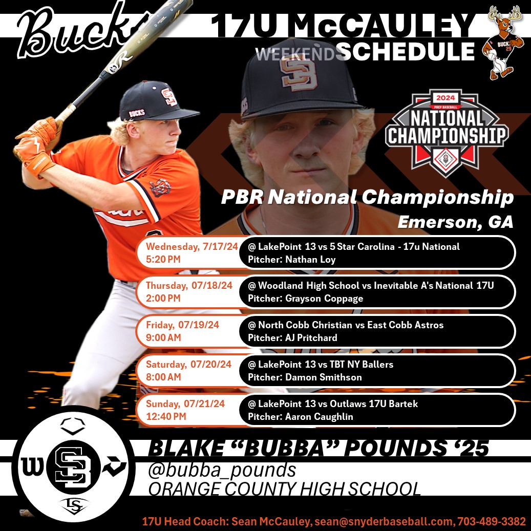 Snyder Baseball (@snyderbaseball) on Twitter photo SNYDER BUCKS 17U McCAULEY Week Schedule
Team McCauley is going to the <a href="/PBRTournaments/">Prep Baseball Tournaments</a> 17U National Championship in Emerson, GA. 1 game a day starting 7/17 at 5:20 PM at LakePoint 13.
<a href="/sean_mac89/">Sean McCauley</a>
Good Luck Bucks!!!
🦌⚾️🦌 SNYDER BUCKS 17U McCAULEY Week Schedule
Team McCauley is going to the <a href="/PBRTournaments/">Prep Baseball Tournaments</a> 17U National Championship in Emerson, GA. 1 game a day starting 7/17 at 5:20 PM at LakePoint 13.
<a href="/sean_mac89/">Sean McCauley</a>
Good Luck Bucks!!!
🦌⚾️🦌