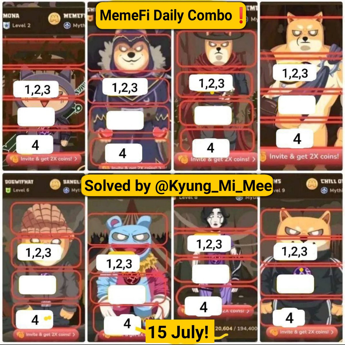 Kyung_Mi_Mee's tweet photo. Daily Combo's - 15th July 2024 🕔

🟪 PixelVerse
🟦 Gemz
🟧 Hamster Kombat
🟨 MemeFi

🧑🏻‍💻 Hamster Kombat Morse Code:
M » ▬ ▬
E » ●
R » ● ▬ ●
K » ▬ ● ▬
L » ● ▬ ● ●
E » ●

🥴 MemeFi combo
1️⃣Chest
2️⃣Chest
3️⃣Chest
4️⃣Leg

Don’t miss out on Telegram Airdrops
#DailyCombo https://t.co/lI7anBwMD3
