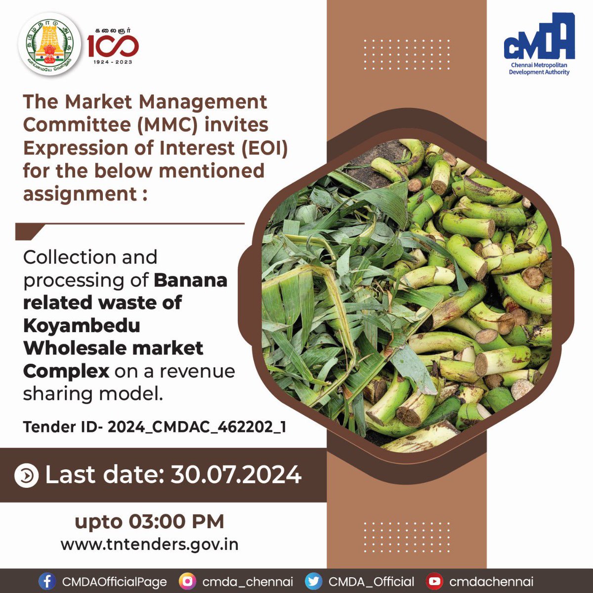 Attention!!! Experts in biodegradable waste management. 

Cmda is seeking Expressions of Interest (EOI) for the processing of banana-related waste generated in the Koyambedu Wholesale market, which amounts to 70 tons per day. Firms, agencies, and NGOs that can offer appropriate