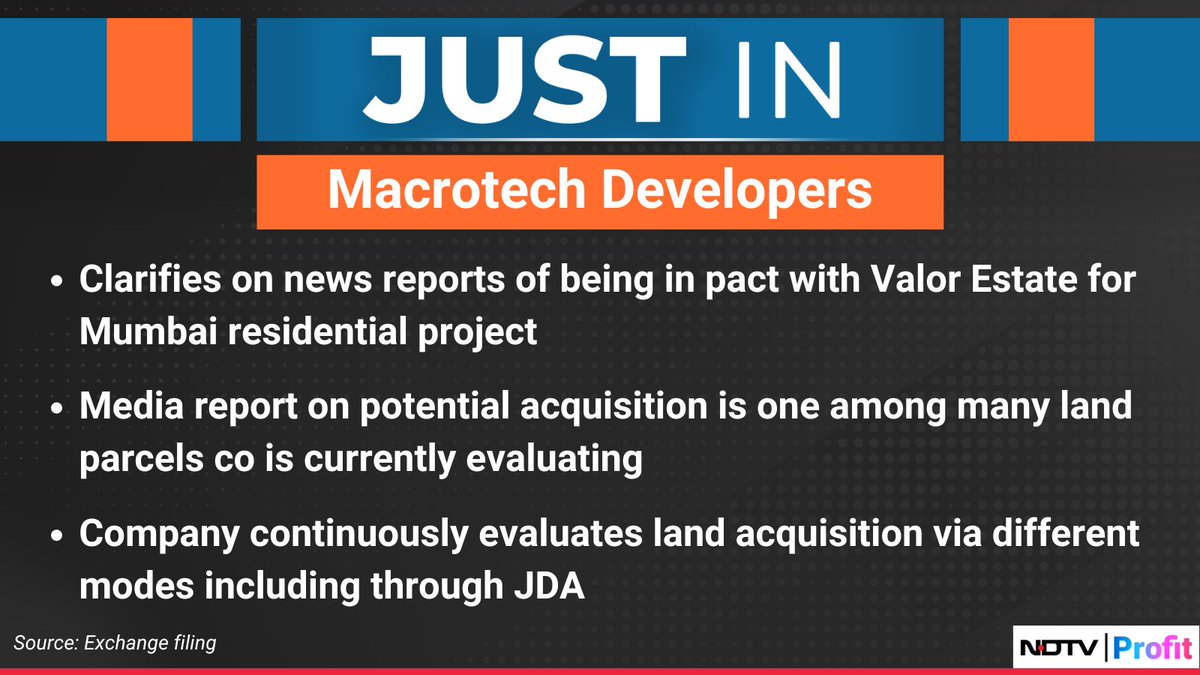 NDTVProfitIndia's tweet image. #MacrotechDevelopers clarifies on news reports of being in pact with #ValorEstate for #Mumbai residential project.

For the latest news and updates, visit: ndtvprofit.com