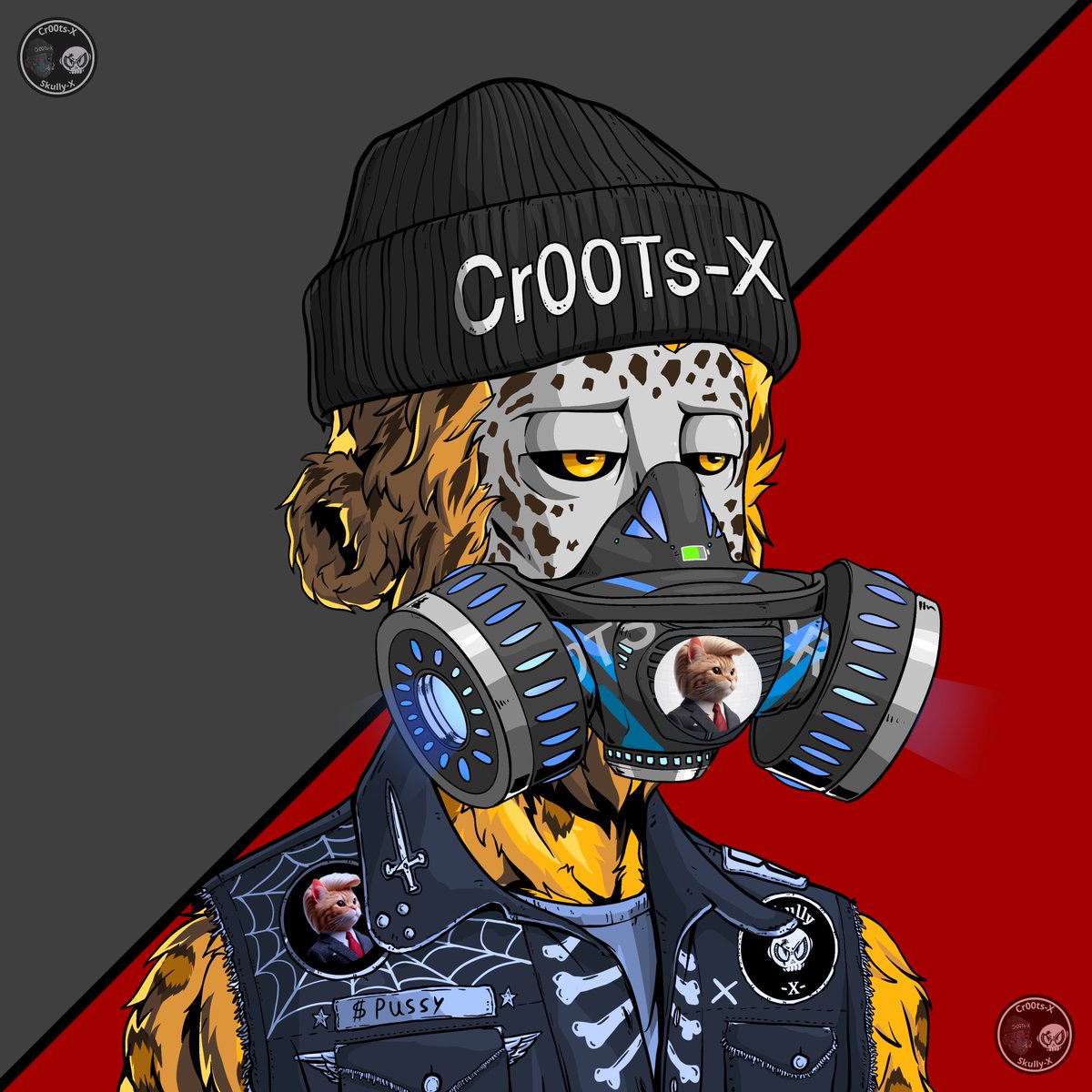 Cr00tsNFT's tweet photo. New traits collaborator: @GrabKitty 

You can now find $PUSSY traits in #TheXLab , try these blue variants and post results on X 😼

Traits: Gaz Mask / Biker Gang jacket / Sign.

Also: their token is on https://t.co/EmtTRpvOZ3, have a look / dyor 🫱🏽‍🫲🏼

https://t.co/7NjCgxFqeT https://t.co/9Wg3twayVu