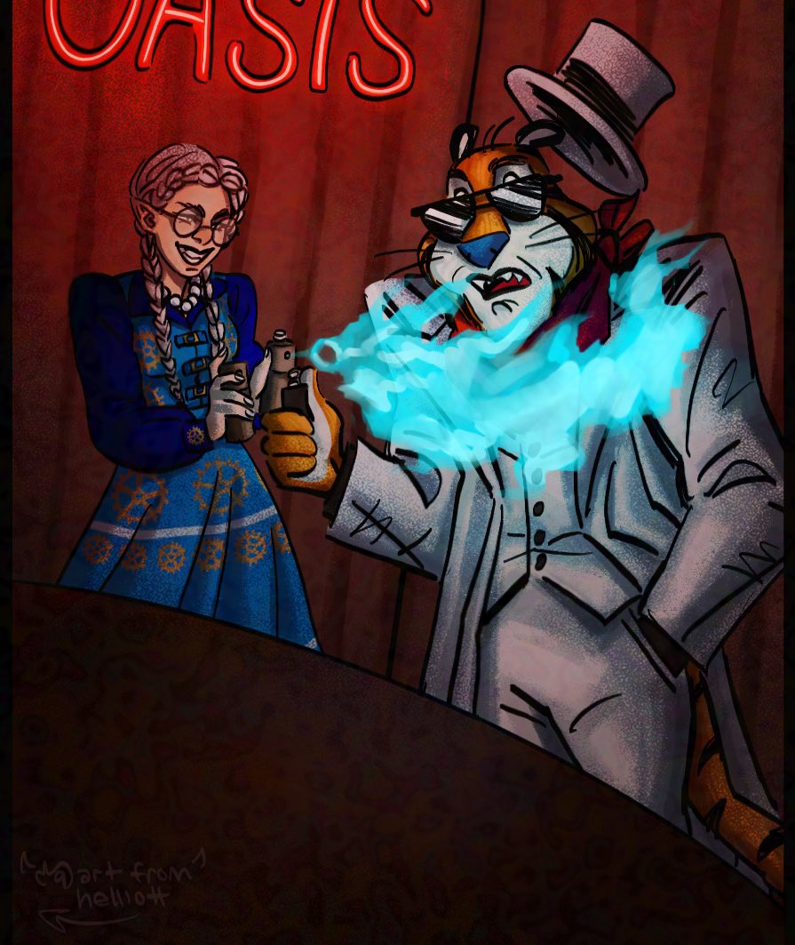 artfromhelliott's tweet photo. Remaining characters by ddevilen and unicornia-gamer (and yes the last one depicts a gnome setting mobster Tony the Tiger on fire, it’s a reference to something that actually happened in our shared dnd campaign XD) https://t.co/NTx5SZHFdd