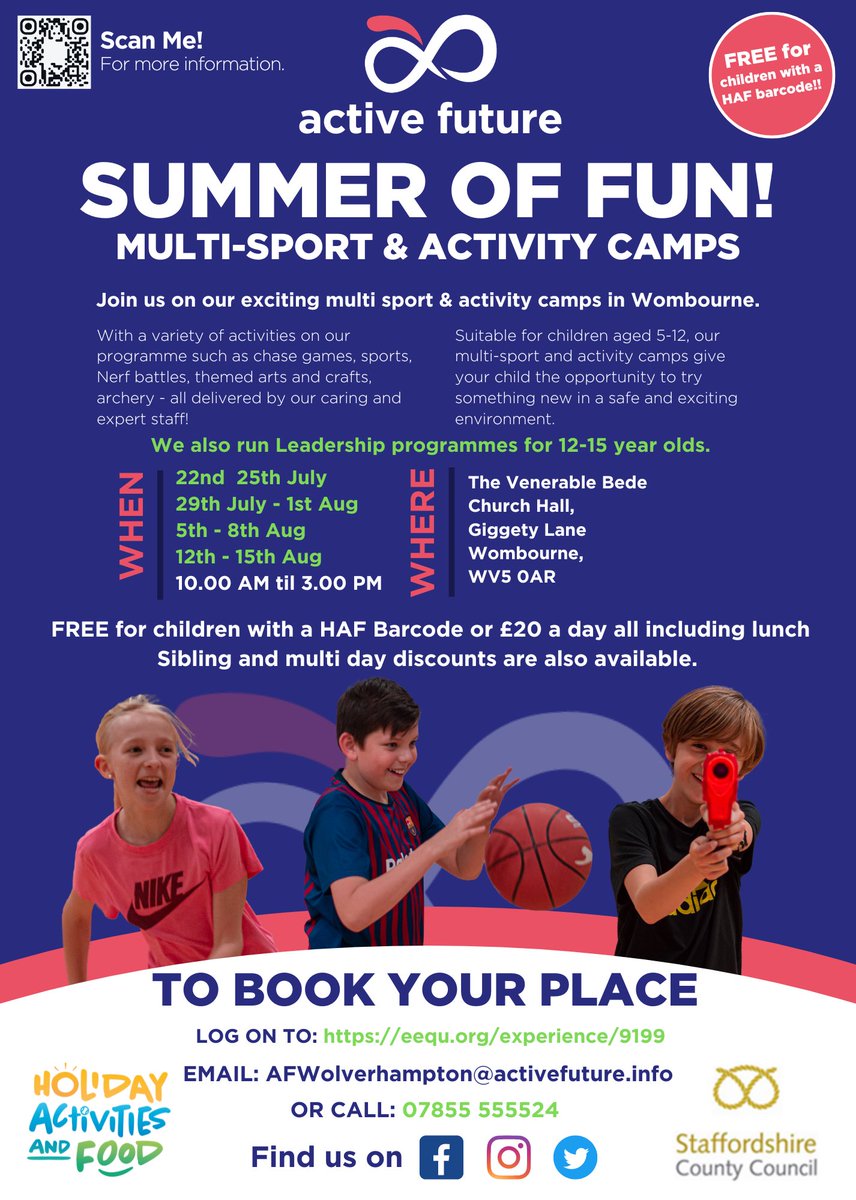 Multi Sport and Activity camps taking place in Wombourne over the holidays. Limited spaces now for both HAF and subsidised paid places. Come and join us for a Summer of Fun with friends or to make new friends and memories to last a lifetime ☀️🤩🎉 
#HAF2024 #SummerFun #GetActive