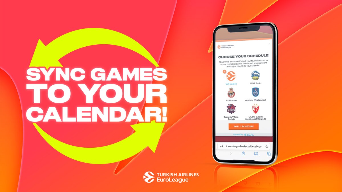 EuroLeague's tweet image. Get your favorite team's fixtures synced to your preferred calendar app 📅📱

This way you will know each week when your team is playing ⌚️🏀

euroleaguebasketball.ecal.com/Turkish-Airlin…
