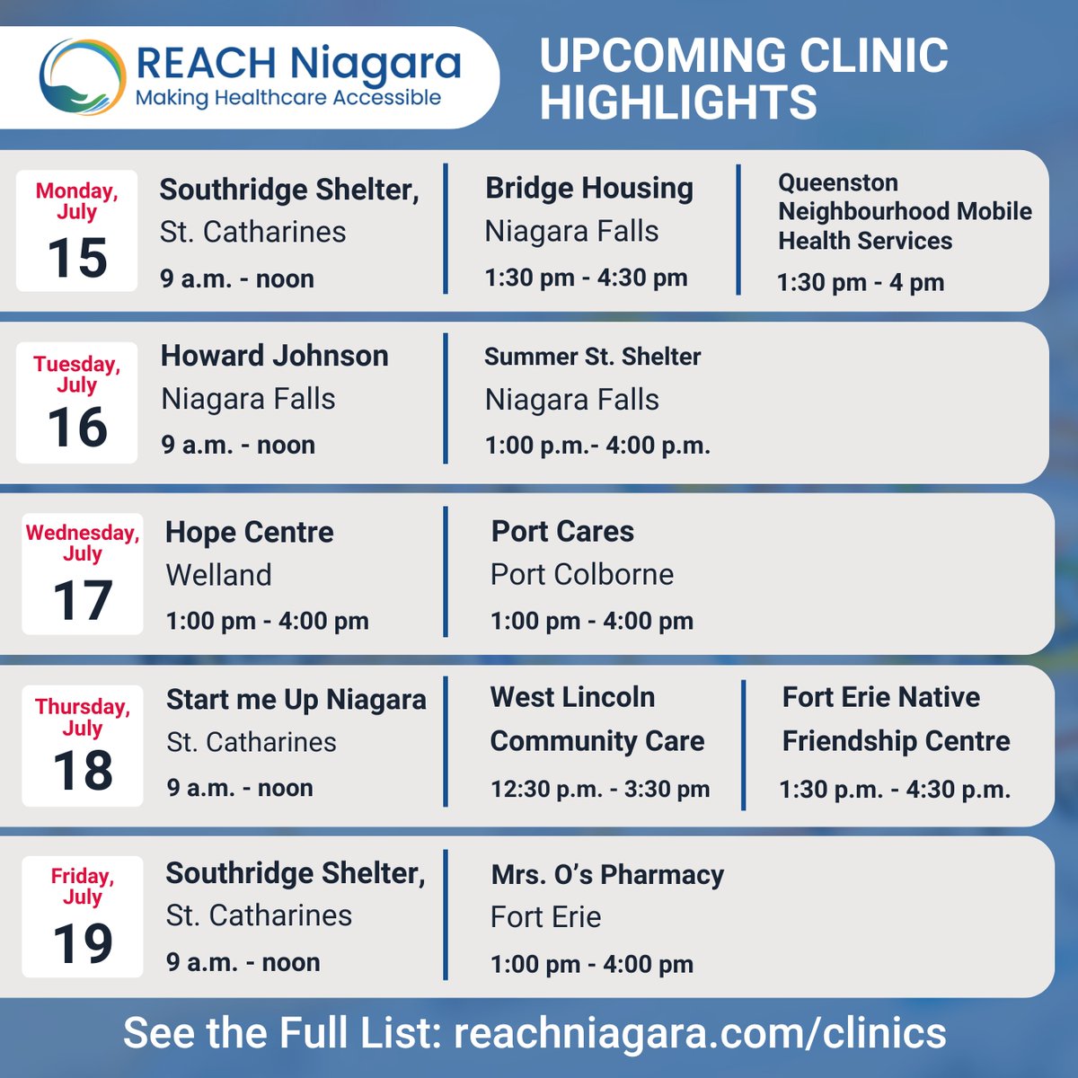 This week at REACH Niagara: From non-judgemental primary care to counseling, preventative care screenings, and beyond, REACH Niagara is dedicated to ensuring everyone has access to essential healthcare services.

Check out all the upcoming clinics here lnkd.in/gWKZ_3kw