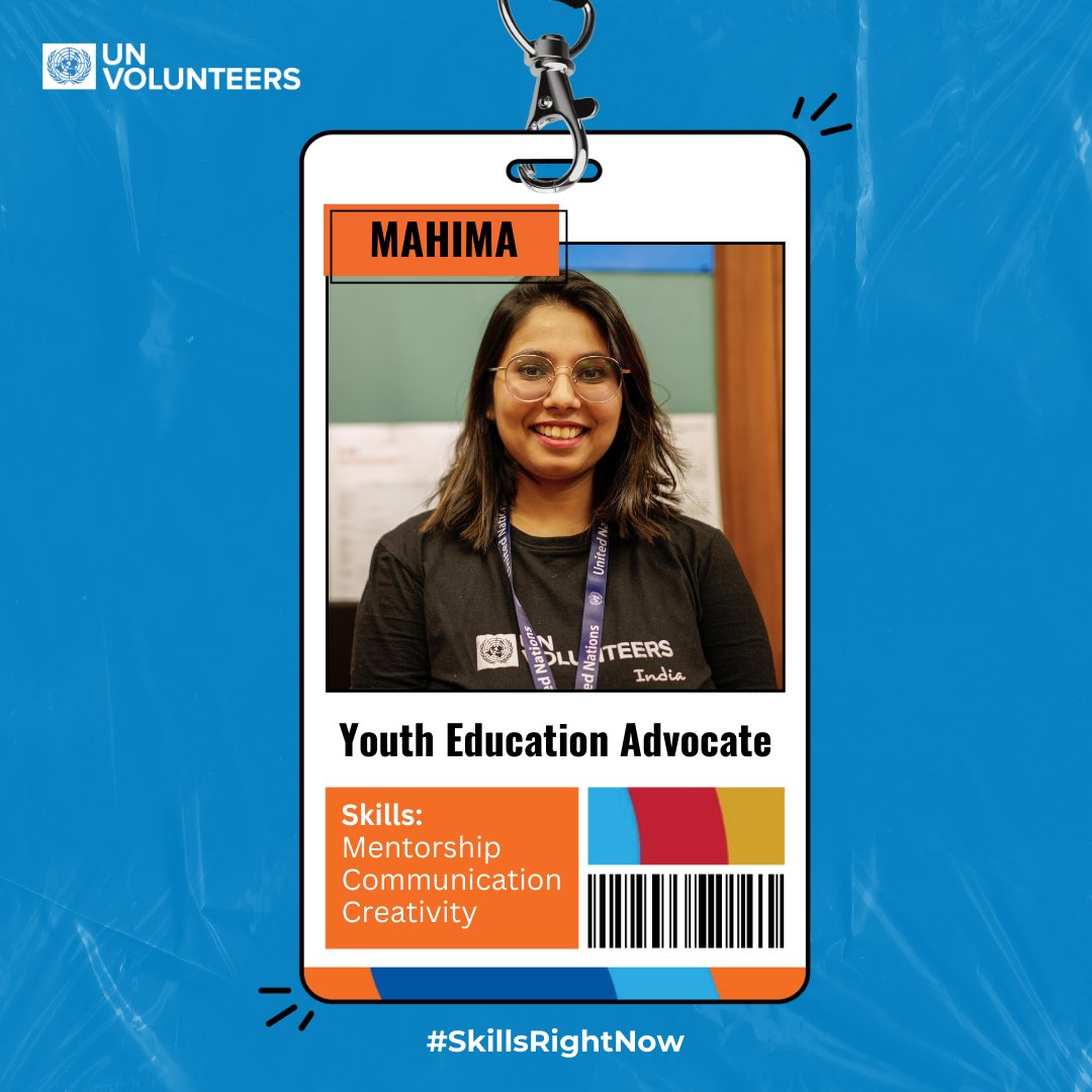 UNVolunteers's tweet photo. When we equip youth with skills, we ensure a future full of bright leaders.👩🏽‍🏫👩🏼‍⚖️👷🏿‍♀️

Mahima, a UN Volunteer with @UNICEFIndia, helps youth gain essential skills for today’s job market. 

With #SkillsRightNow, she’s paving the way for their professional success. #YouthSkillsDay https://t.co/aMKTeOh5eZ