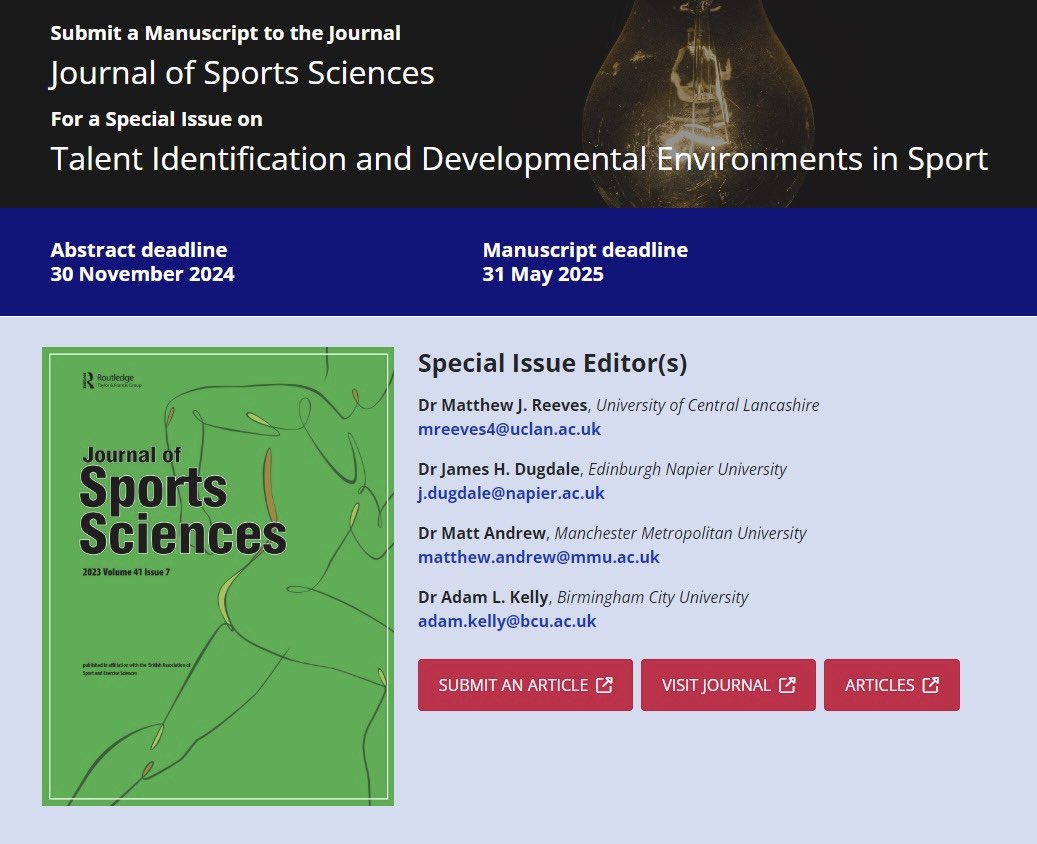 Delighted to formally launch the call for papers in the @JSportSci special issue, Talent Identification and Developmental Environments in sport (TIDES) on behalf of the TIDES Network. 

More information available following the link
think.taylorandfrancis.com/special_issues…
