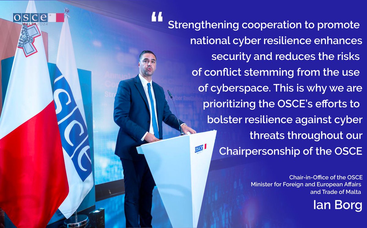 Malta at the OSCE (@osce24mt) on Twitter photo <a href="/OSCE/">OSCE</a> @MinisterIanBorg <a href="/natmeli/">Natasha Meli Daudey</a> <a href="/HelgaSchmid_SG/">Helga Schmid</a> <a href="/elinavaltonen/">Elina Valtonen</a> <a href="/MFETMalta/">Malta</a> <a href="/ThomasAttard/">Thomas Attard 🇲🇹🇪🇺</a> <a href="/D_M_Borg/">D. M. Borg</a> <a href="/michael_cluett/">Michael Cluett</a> <a href="/SaydonGiulia/">Giulia Saydon</a> Opening the Conference on Cyber/ICT, CiO @MinisterIanBorg, underscored the need to strengthen national #CyberResilience to address both existing & emerging cyber security threats. 🛡️
He highlighted the dual nature of technological advances, recognizing their benefits while also <a href="/OSCE/">OSCE</a> @MinisterIanBorg <a href="/natmeli/">Natasha Meli Daudey</a> <a href="/HelgaSchmid_SG/">Helga Schmid</a> <a href="/elinavaltonen/">Elina Valtonen</a> <a href="/MFETMalta/">Malta</a> <a href="/ThomasAttard/">Thomas Attard 🇲🇹🇪🇺</a> <a href="/D_M_Borg/">D. M. Borg</a> <a href="/michael_cluett/">Michael Cluett</a> <a href="/SaydonGiulia/">Giulia Saydon</a> Opening the Conference on Cyber/ICT, CiO @MinisterIanBorg, underscored the need to strengthen national #CyberResilience to address both existing & emerging cyber security threats. 🛡️
He highlighted the dual nature of technological advances, recognizing their benefits while also