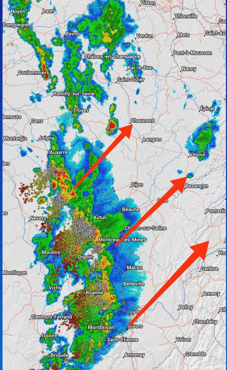 AnthoNancy's tweet photo. 🟠🔴 Suivi des orages ⚡⚡
Voici la direction actuelle de la perturbation orageuse qui va concerner un grand quart nord-est a surveiller si cela ne s'affaiblit pas. 
#orages #meteo https://t.co/JkoaDzD12l