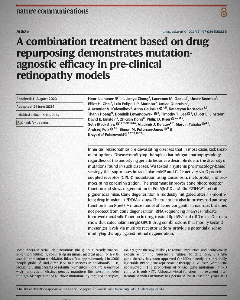 Here we present a drug repurposing strategy to treat retinal degenerations. Our treatment slows retinal degeneration in an etiology-independent manner in several distinct disease models. Next milestone: clinical trial in human patients.

nature.com/articles/s4146…
