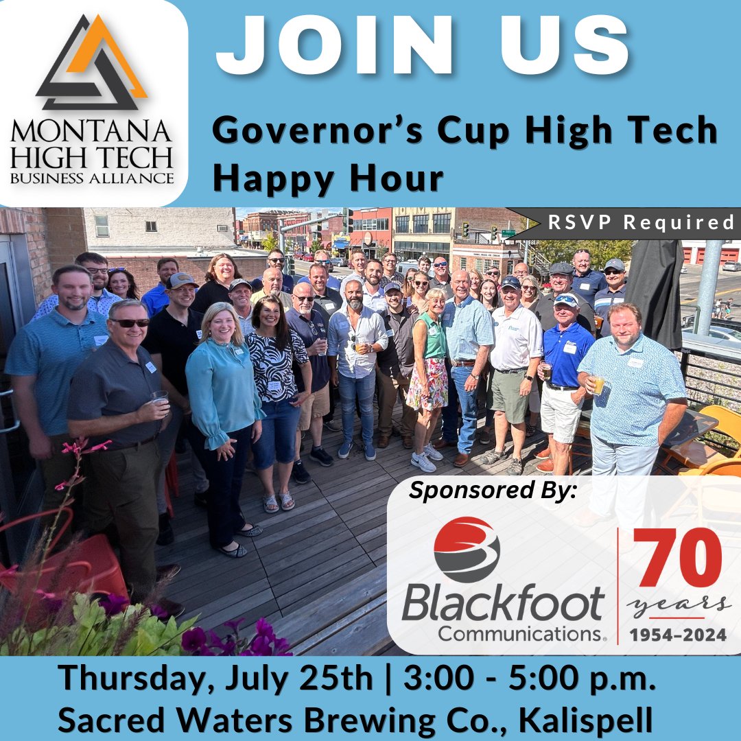 MHTBA members—join us for High Tech Happy Hour on July 25, 3-5 p.m. at Sacred Waters Brewing Co. in Kalispell, sponsored by <a href="/GoBlackfoot/">Blackfoot Communications</a>. Prospective members may attend one event for free. Registration links will be sent via email. Please RSVP by July 22. bit.ly/4bZ21Vr
