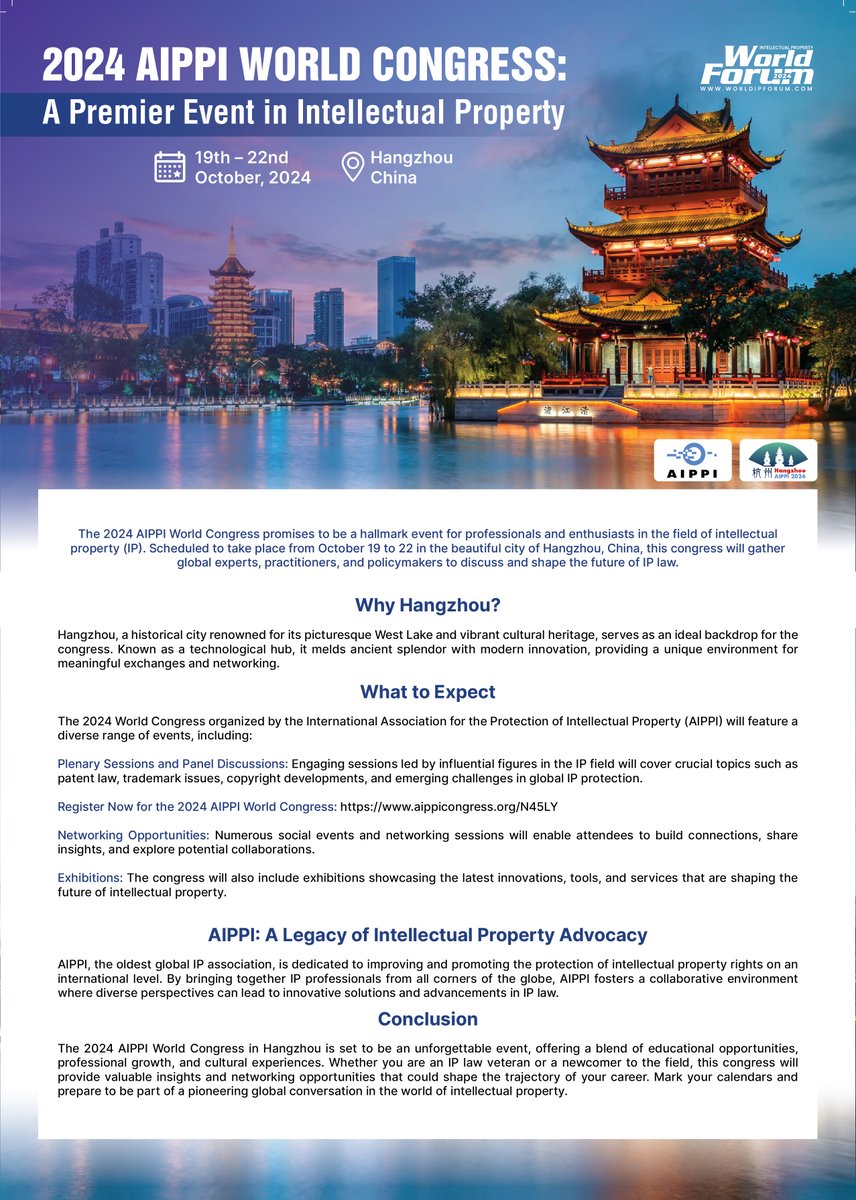 Register now for the 2024 AIPPI World Congress in Hangzhou from 19-22 October 2024!  

#AIPPIWorldCongress #event #hangzhou #mediapartner