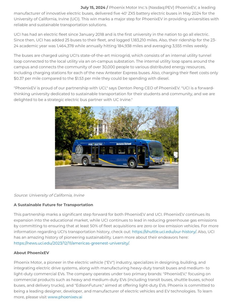 _X_Alex_'s tweet photo. #CENN #CENNTRO - $CENN
-
Phoenix motor Inc - $PEV
#PhoenixEV | News - July 15, 2024
PhoenixEV delivered (5) 40' ZX5
battery electric buses in May 2024
for the University of California,
Irvine (UCI)
-
-
News from April 23, 2024
Phoenix motor Inc - announced a
strategic partnership with Cennatic
Power a wholly owned subsidiary of
Cenntro Inc. to supply advanced
battery packs custom-manufactured
for Phoenix Motor's range of
commercial electric vehicles
Under the terms of the agreement,
Cennatic will develop & produce
battery packs specifically designed
for Phoenix Motor's heavy-duty
transit buses, as well as its medium
- & light-duty commercial EVs
-
Teaming up with Cennatic allows
us to integrate cutting-edge battery
technology that supports the
superior performance standards
our customers expect from
Phoenix vehicles, - CEO
-