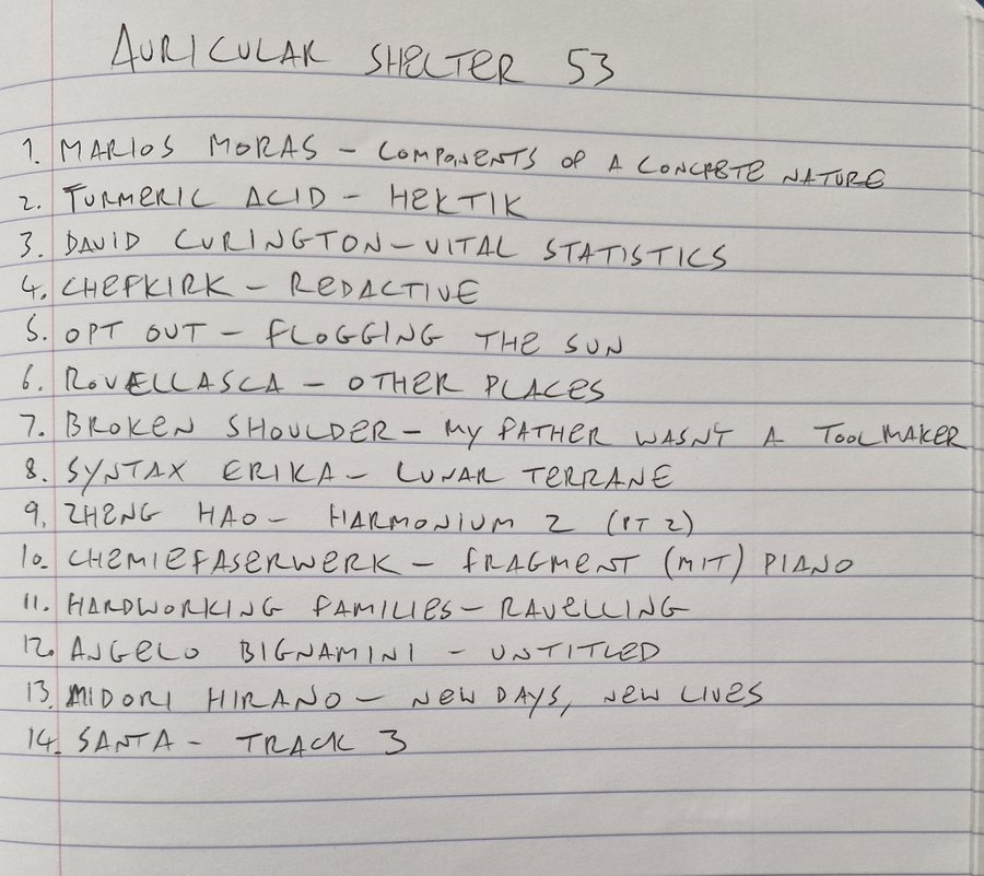 Listen again: Auricular Shelter | <a href="/Matkinssound/">Matt Atkins</a> (14 July)

Playing tracks by Marios Moras, Turmeric Acid, David Curington, Chefkirk, Opt Out and more.

mixcloud.com/camp_fr/auricu…