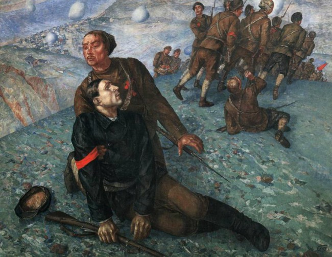 deadprogrammer's tweet photo. There's a famous painting by Petrov-Vodkin called "Death of a Commisar". As kids in the USSR, to annoy our classmates we'd jump onto someone's back, clasp our hands and keep yelling "save yourself, leave the commissar" while holding on and not letting go. https://t.co/8KwcRrXSnv