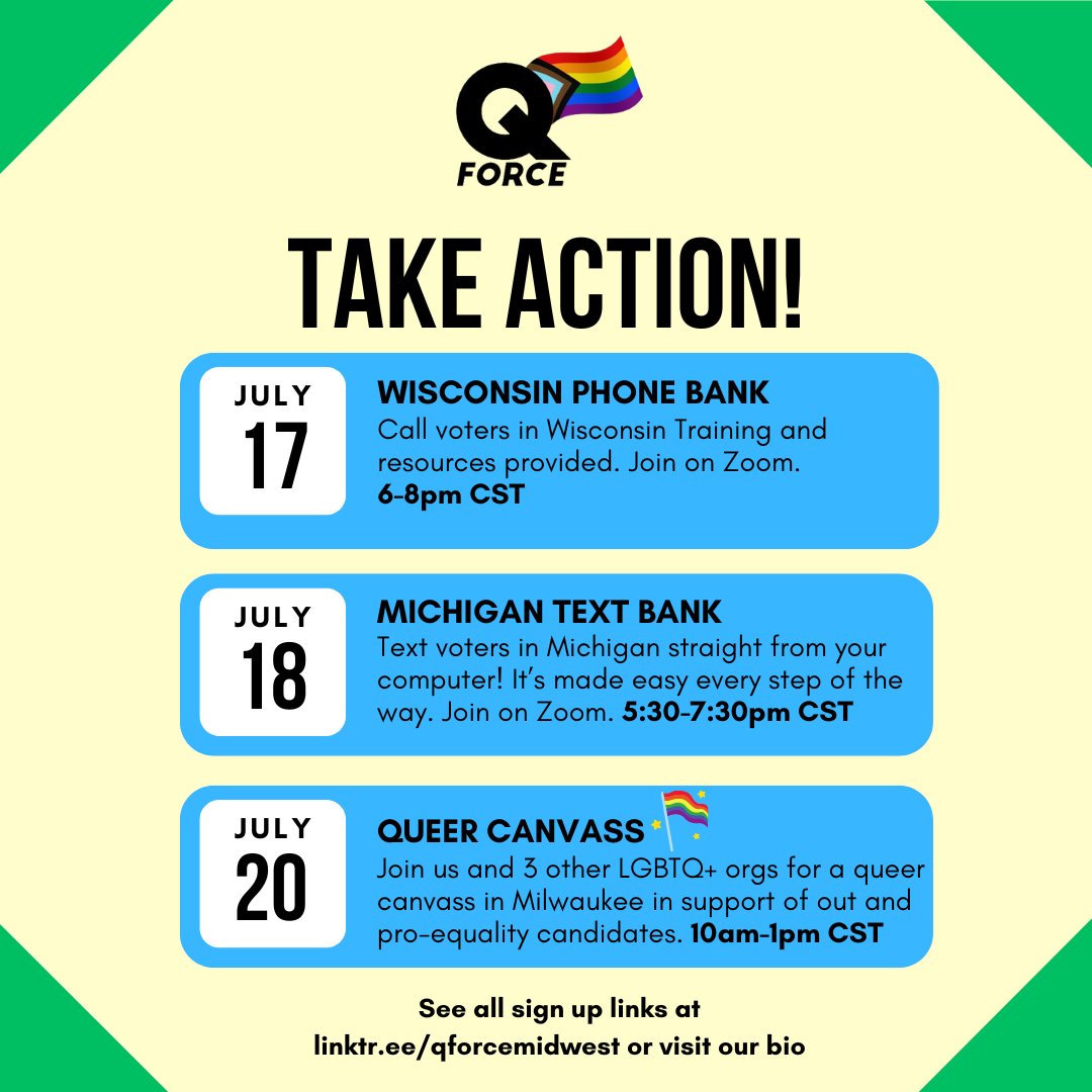 QForceMidwest's tweet photo. Here are 3 ways you can take action this week to help Democrats! See all signups at our link in bio https://t.co/Lt6FwtZXAh