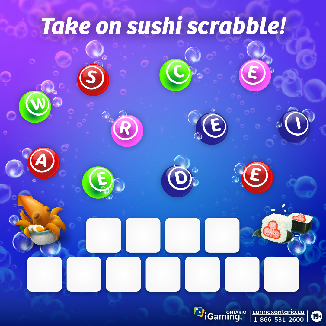 PlayOJOCanada's tweet photo. 🍣 Hungry for a $33 Amazon voucher? Get your scrabble brain on and find TWO sushi ingredients for the chance to win 🍣⤵️
_____________
#SushiGame by #Edict
Three randomly selected winners will be announced on July 24th to win a $33 Amazon voucher.
Winners must message us to redeem. Vouchers are not exchangeable for cash.
#PlayOJOGiveaway #sushilovers #scrabble