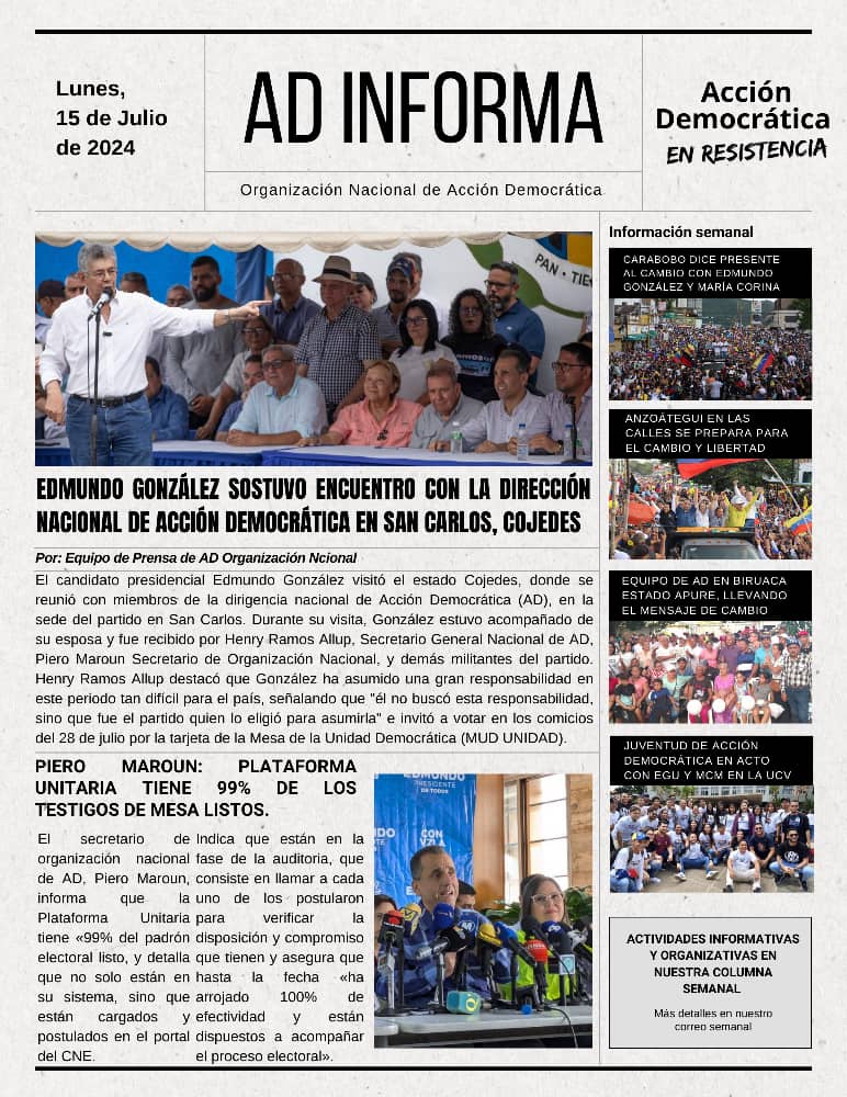 ad_nvaesparta's tweet photo. Portada Informativa Semanal, lunes 15 de julio del 2024.📰
@ADemocratica
#ADInforma #ADConecta https://t.co/mrKKWGsPSY