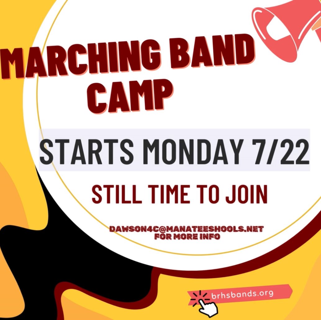 Braden River HS (@piratenationhs) on Twitter photo Attention Pirate Nation!
Marching Band Camp begins Monday 7/22/24. There is still time to join! For more information go to brhsbands.org or contact Mr. Dawson at dawson4c@manateeschools.net Attention Pirate Nation!
Marching Band Camp begins Monday 7/22/24. There is still time to join! For more information go to brhsbands.org or contact Mr. Dawson at dawson4c@manateeschools.net